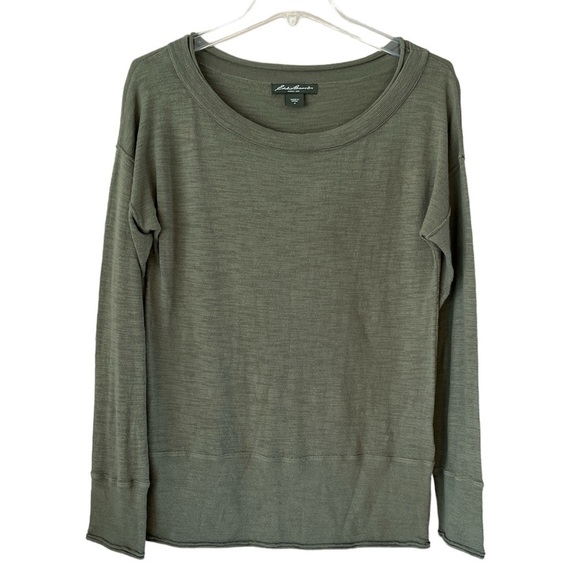 Eddie Bauer Knit Top Long Sleeves Rolled Neckline and Hem Size M Olive Green - Picture 1 of 11
